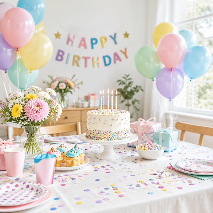 Mesa de cumpleaños con pastel, globos pastel y confeti