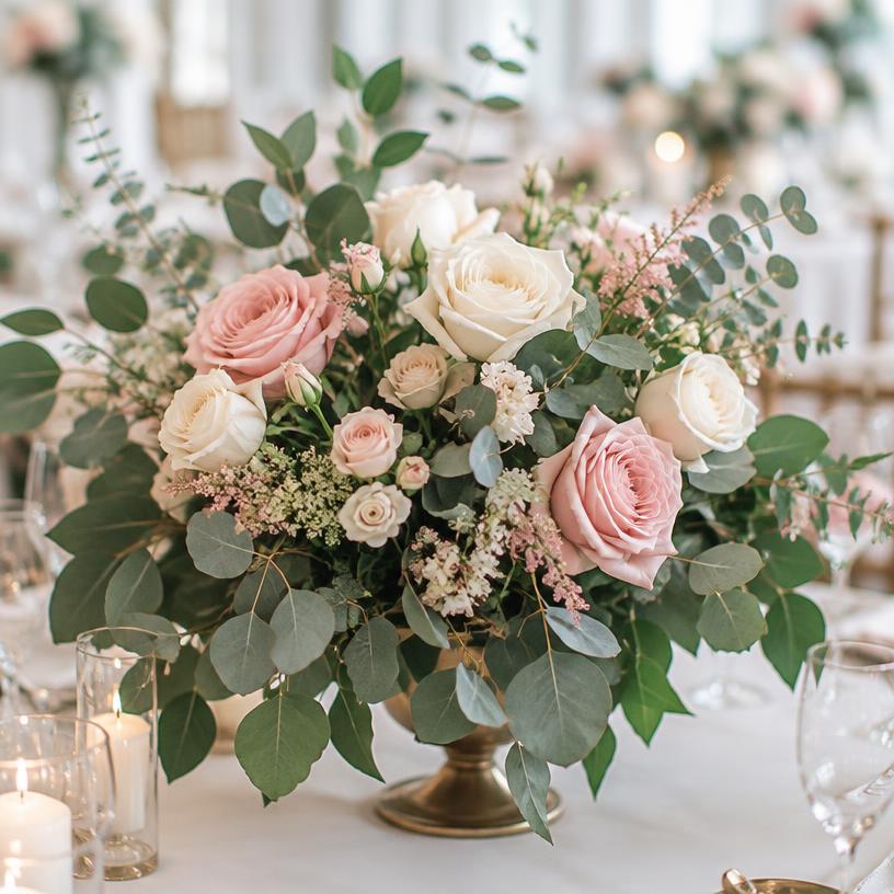 Centro de mesa floral con rosas y eucalipto