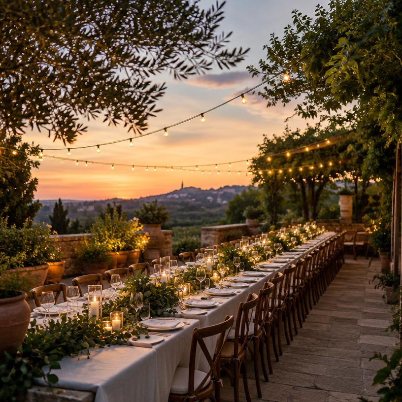 Cena al aire libre en jardín con guirnaldas de luces al atardecer