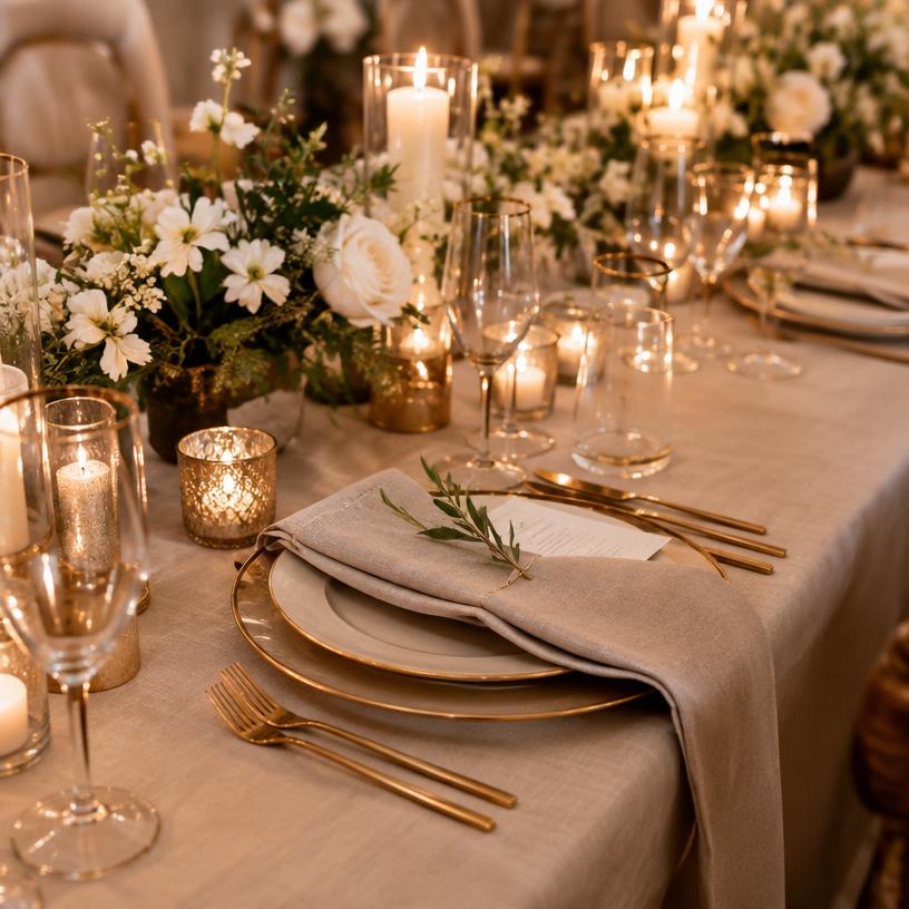 Mesa elegante decorada con velas, flores y cubertería dorada